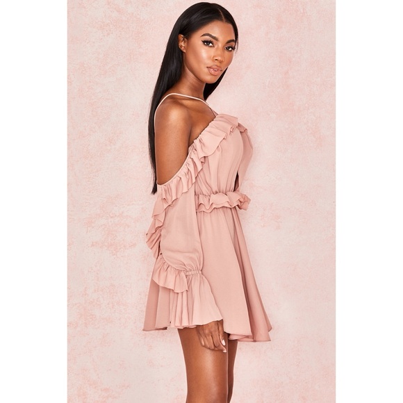 NWT House of CB London Serenity Off Shoulder Dress Mini Cut Out Ruffled Pink - Picture 3 of 13